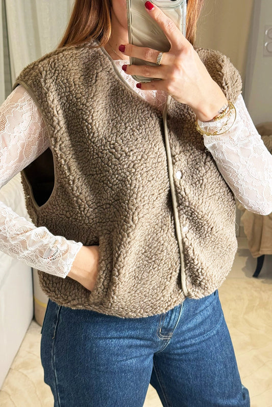 Lisa - Gilet Taupe Teddy Sans Manches
