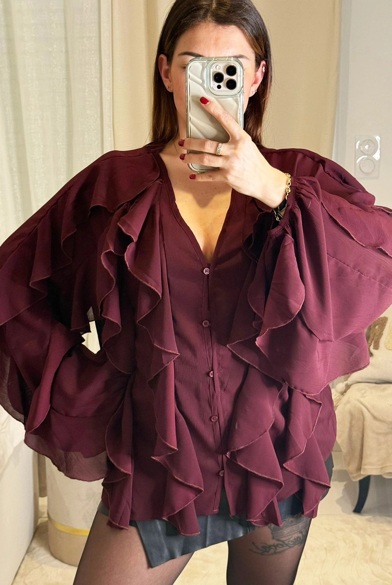 Manon - Blouse À Volants Col V Fluide Romantique - Femme - Bordeaux