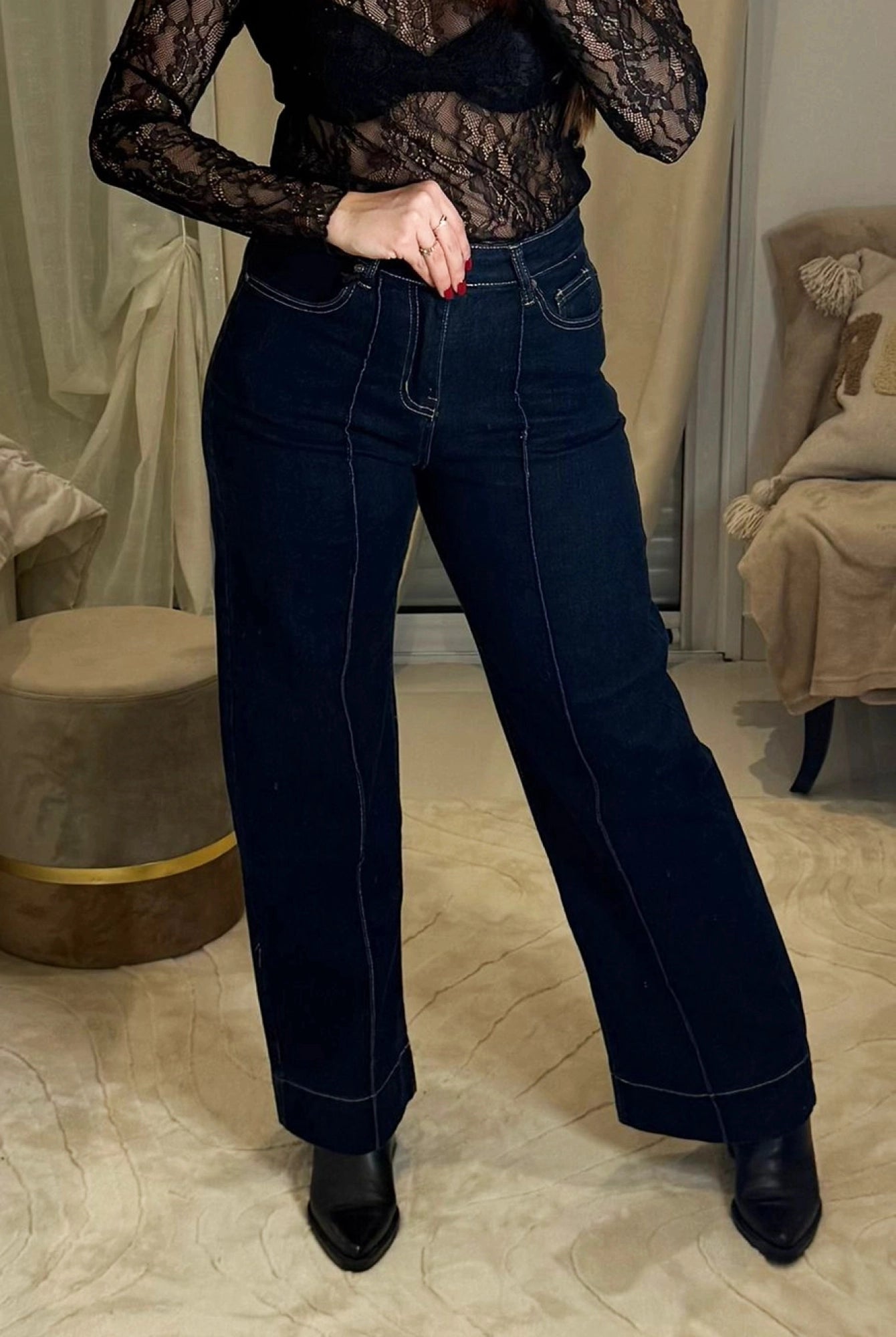 Izzy - Jean Wide Leg - Denim Brut Taille Haute Surpiqûres