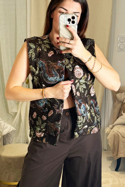 Jade - Gilet Sans Manches Brodé Floral - Jacquard Motifs Colorés Baroque Femme