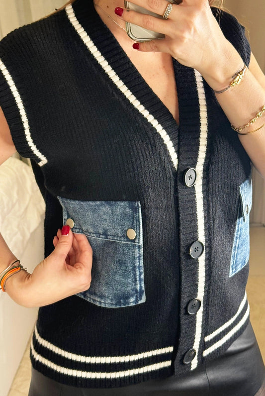 Kelly - Gilet Sans Manches Noir Bi-Matière Poches Jean - Style Preppy College Femme