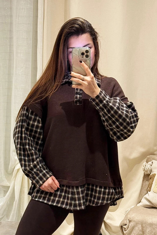 Léa - Pull Chemise - Sweat 2-en-1 Effet Superposé Carreaux Femme