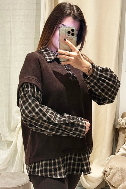 Léa - Pull Chemise - Sweat 2-en-1 Effet Superposé Carreaux Femme