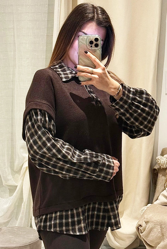 Léa - Pull Chemise - Sweat 2-en-1 Effet Superposé Carreaux Femme