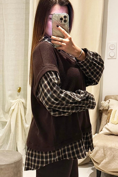 Léa - Pull Chemise - Sweat 2-en-1 Effet Superposé Carreaux Femme