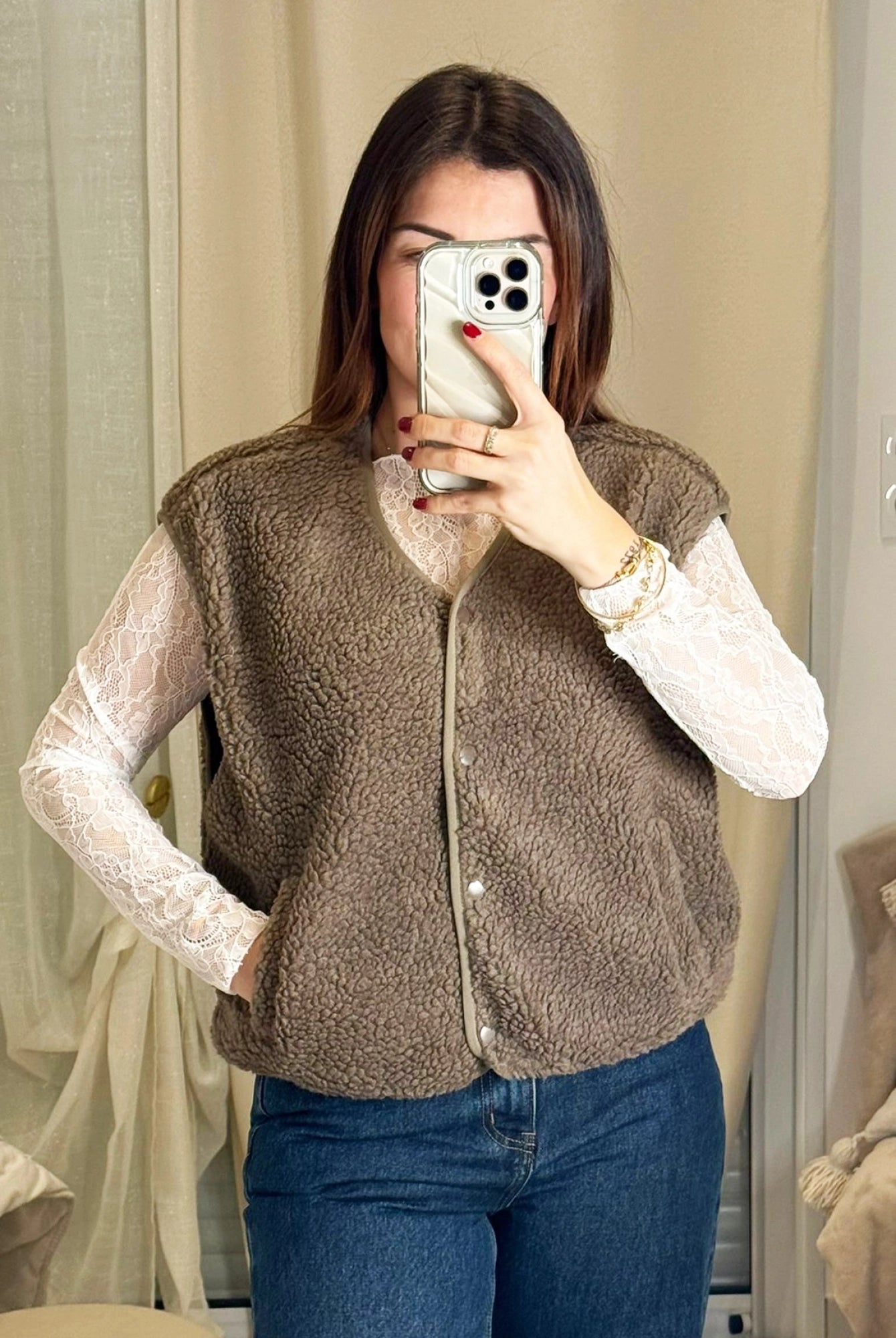 Lisa - Gilet Taupe Teddy Sans Manches