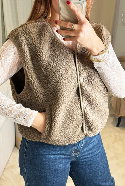 Lisa - Gilet Taupe Teddy Sans Manches