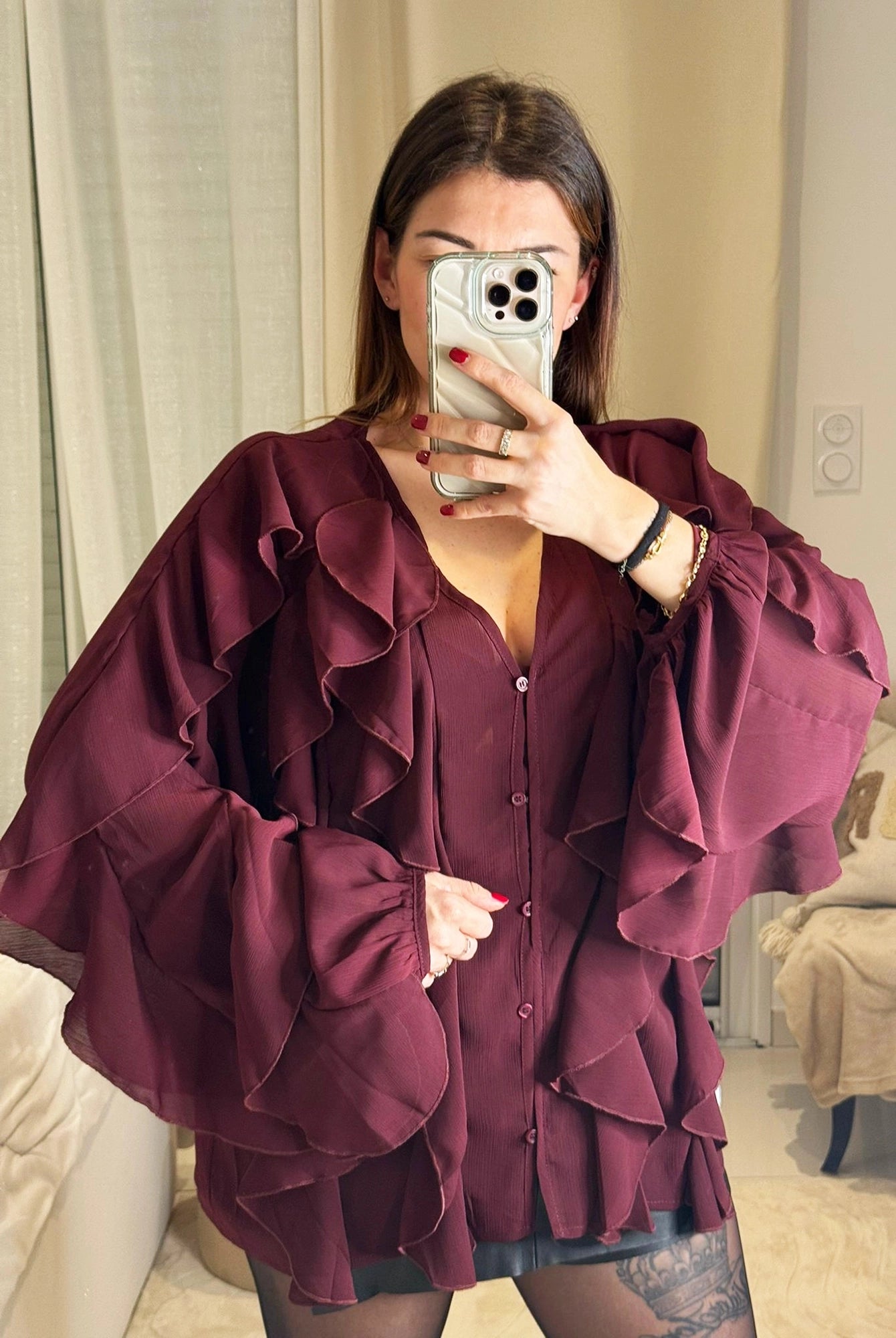 Manon - Blouse À Volants Col V Fluide Romantique - Femme - Bordeaux