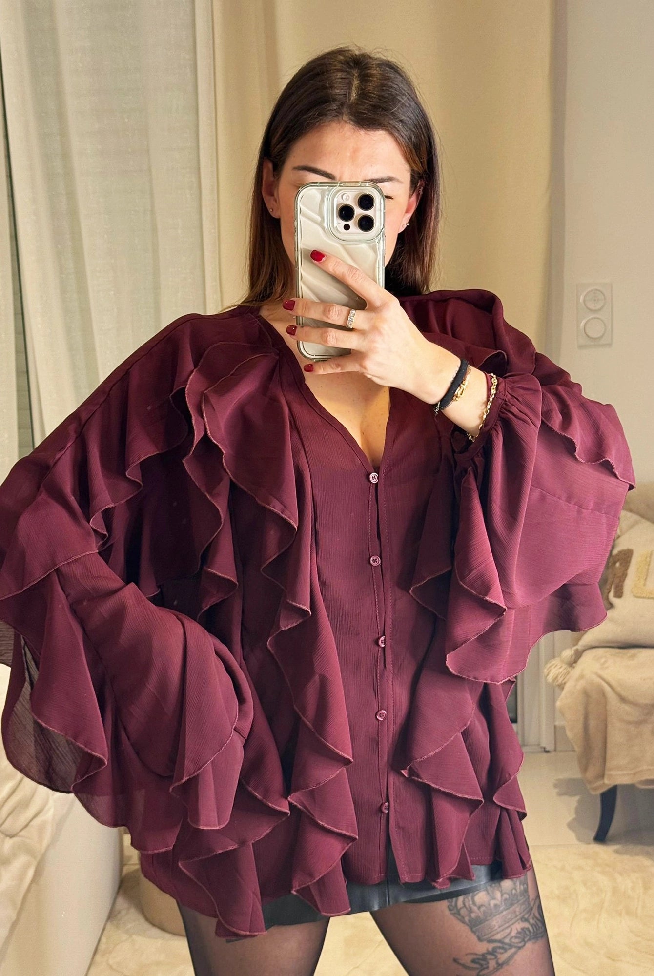 Manon - Blouse À Volants Col V Fluide Romantique - Femme - Bordeaux