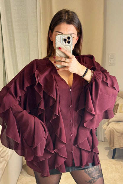 Manon - Blouse À Volants Col V Fluide Romantique - Femme - Bordeaux