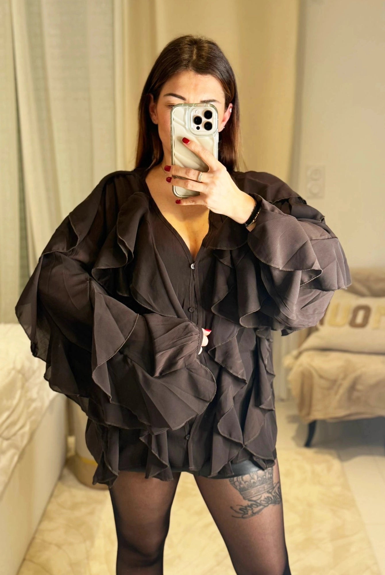 Manon - Blouse À Volants Col V Fluide Romantique - Femme - Chocolat