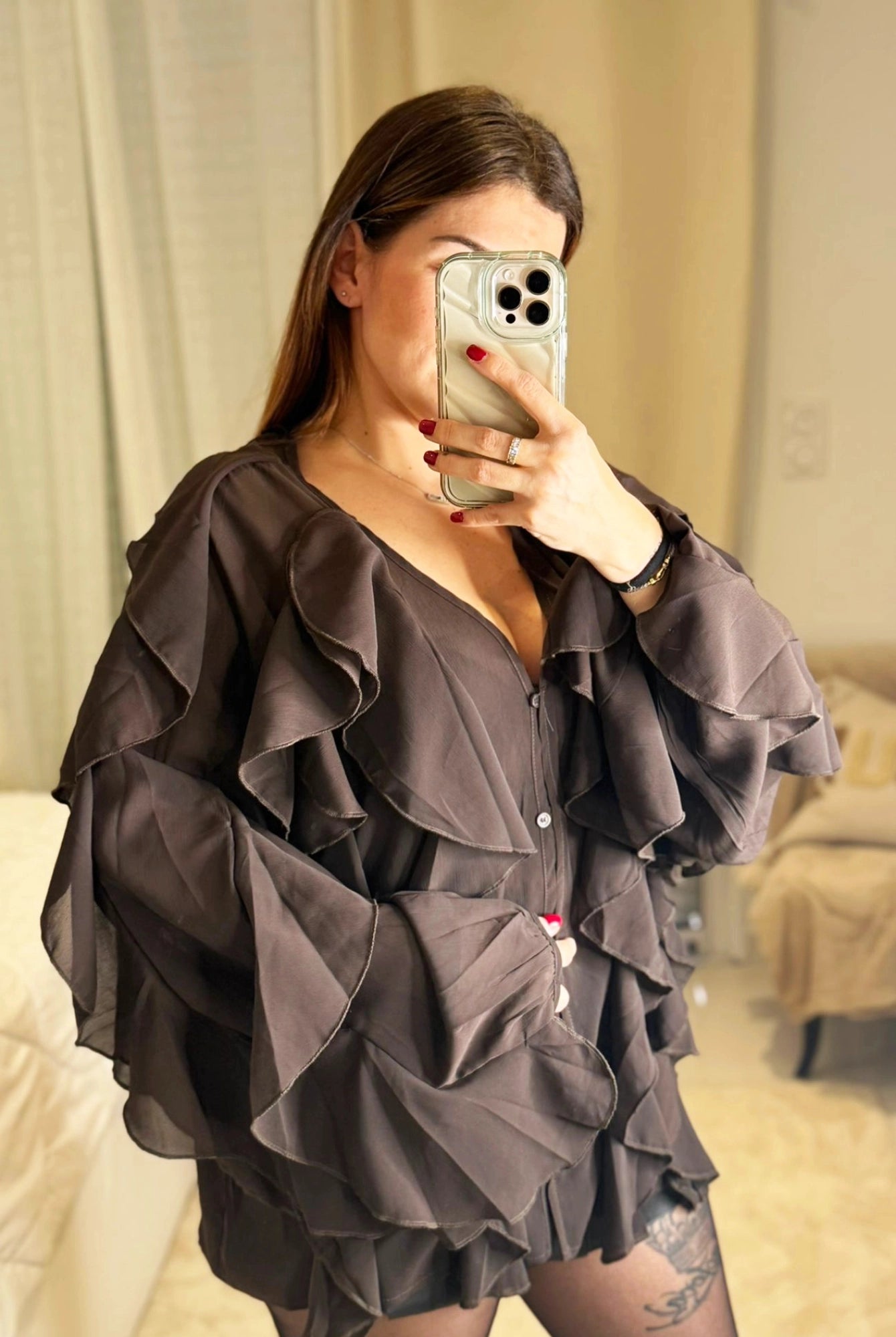 Manon - Blouse À Volants Col V Fluide Romantique - Femme - Chocolat