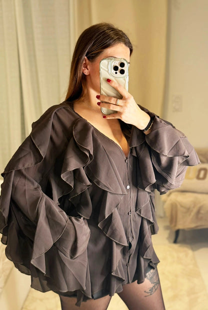 Manon - Blouse À Volants Col V Fluide Romantique - Femme - Chocolat