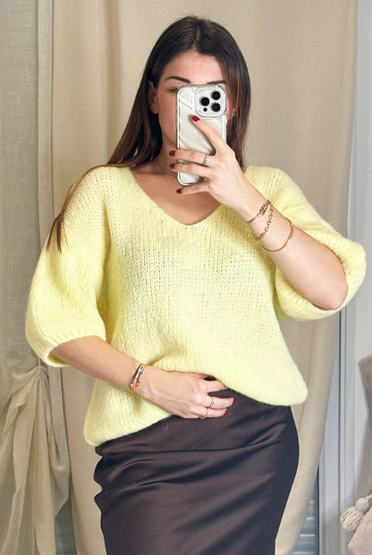 Mia - Pull Jaune Beurre Femme Mohair - Col V Manches 3/4 Maille Douce