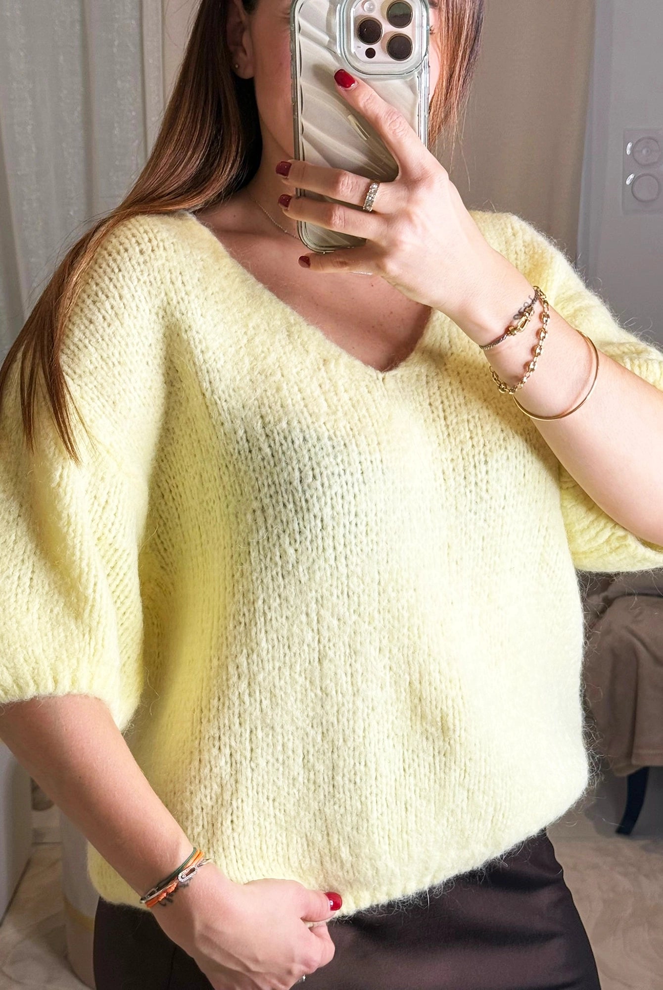 Mia - Pull Jaune Beurre Femme Mohair - Col V Manches 3/4 Maille Douce