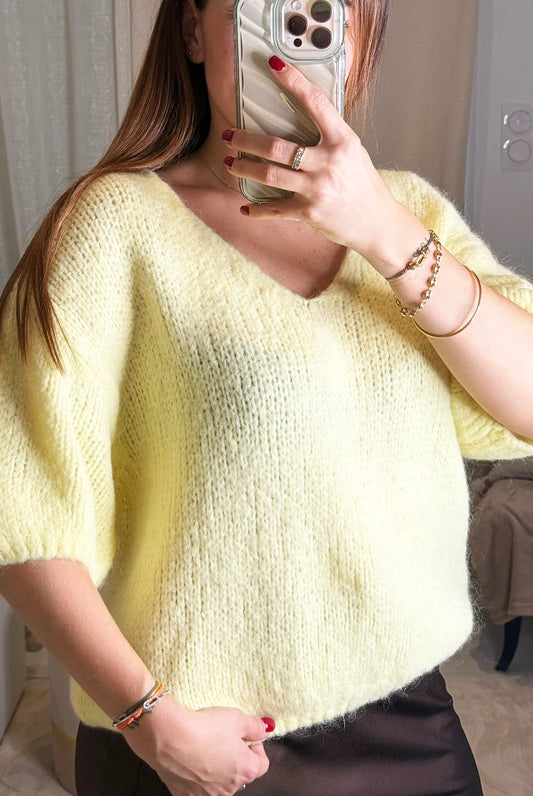 Mia - Pull Jaune Beurre Femme Mohair - Col V Manches 3/4 Maille Douce