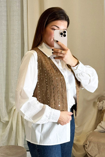 Nina - Ensemble 2 Pièces Gilet Brodé Perles + Chemise Blanche