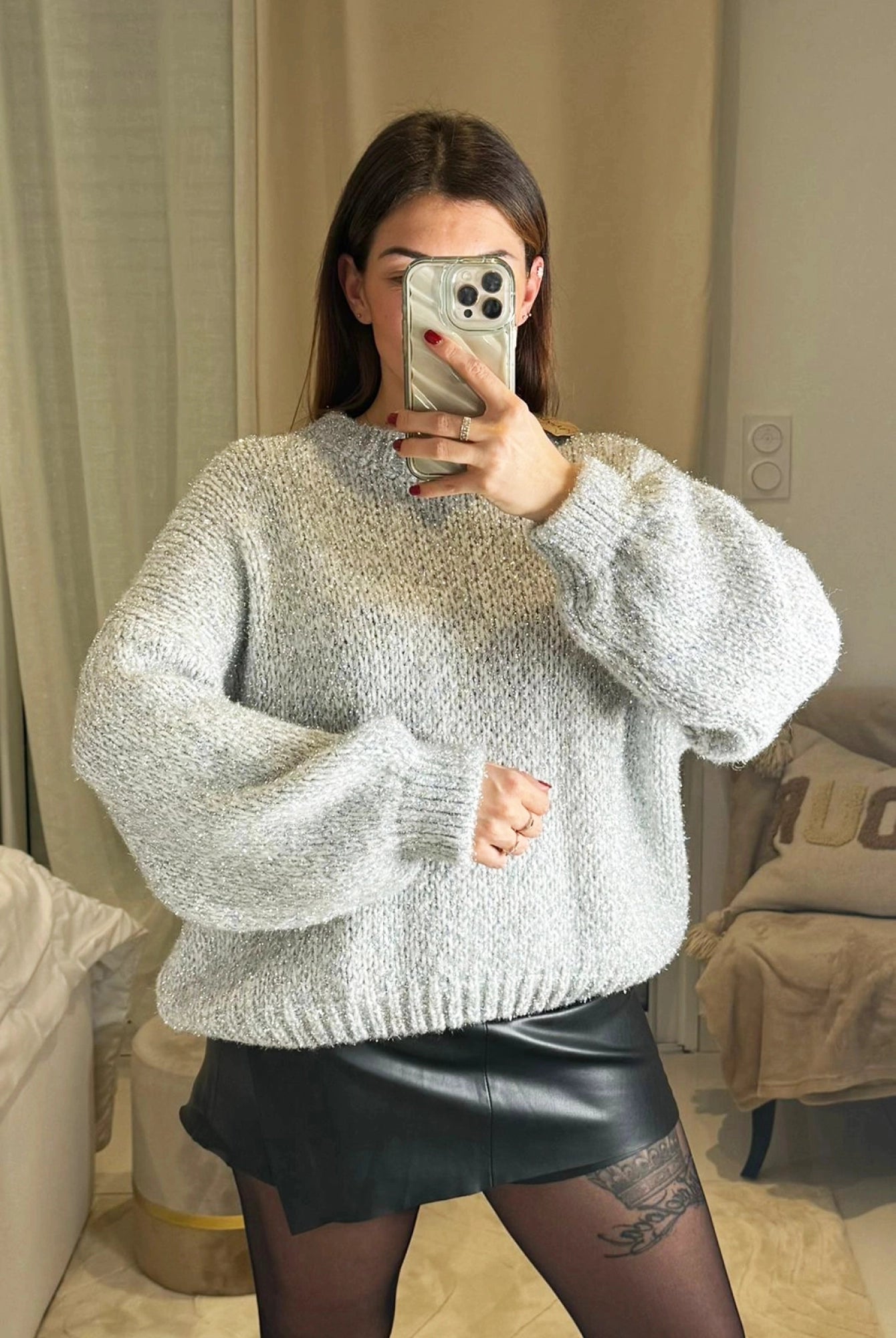 Stella - Pull Oversize Gris - Manches Ballon Maille Douce