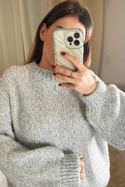 Stella - Pull Oversize Gris - Manches Ballon Maille Douce