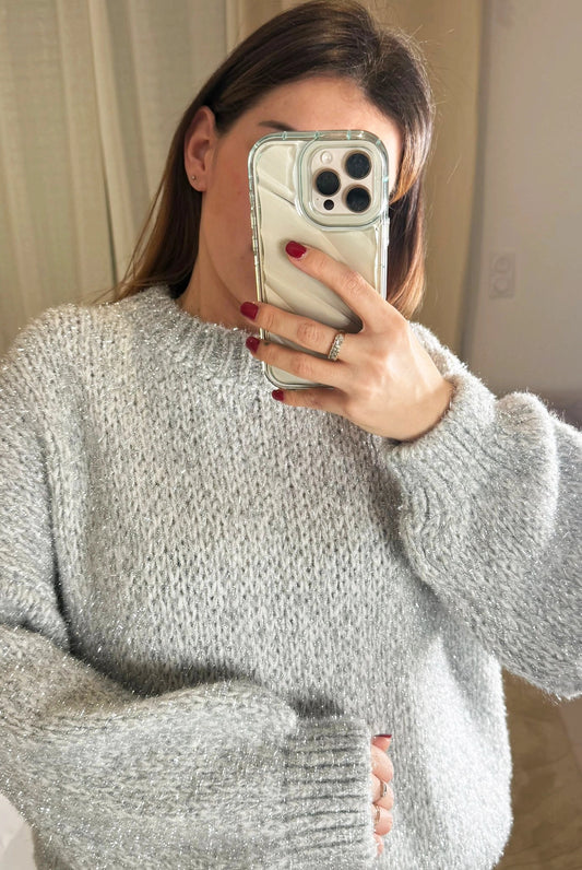 Stella - Pull Oversize Gris - Manches Ballon Maille Douce